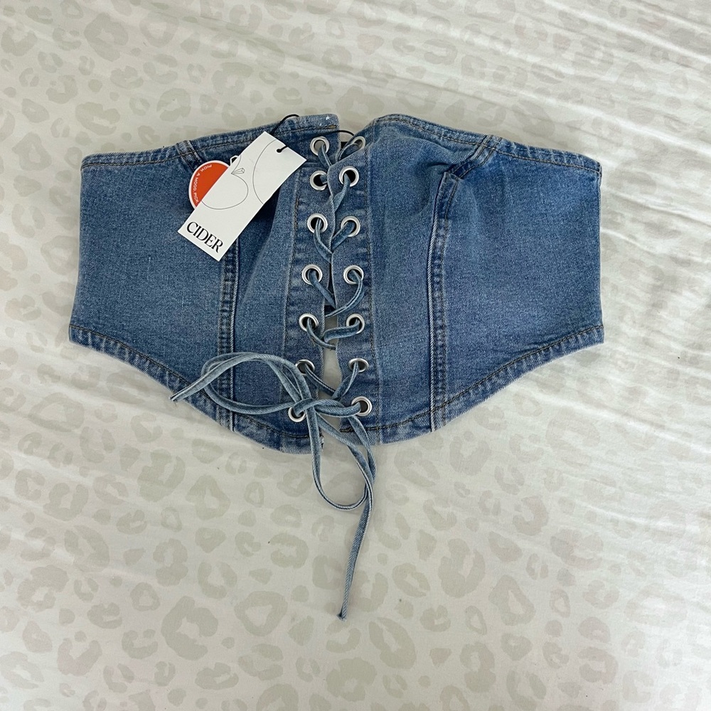 NWT Cider Lace Up Corset Denim Crop Top